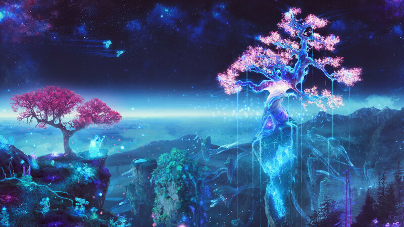 Glowing Trees on Cliffs