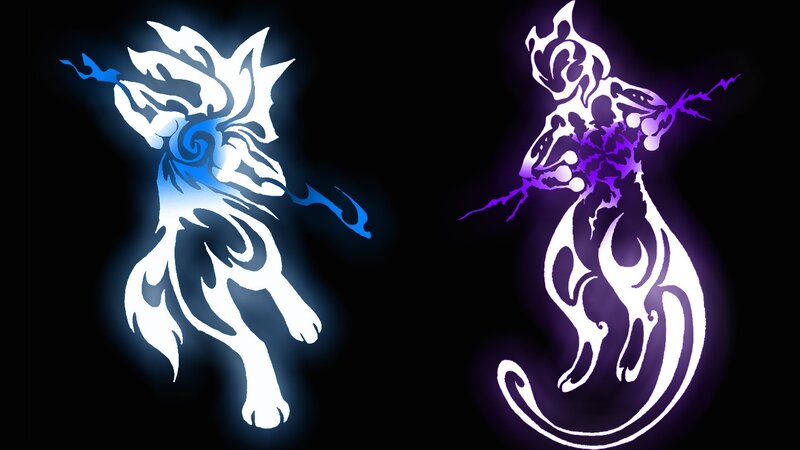 glowing tribal wolf figures