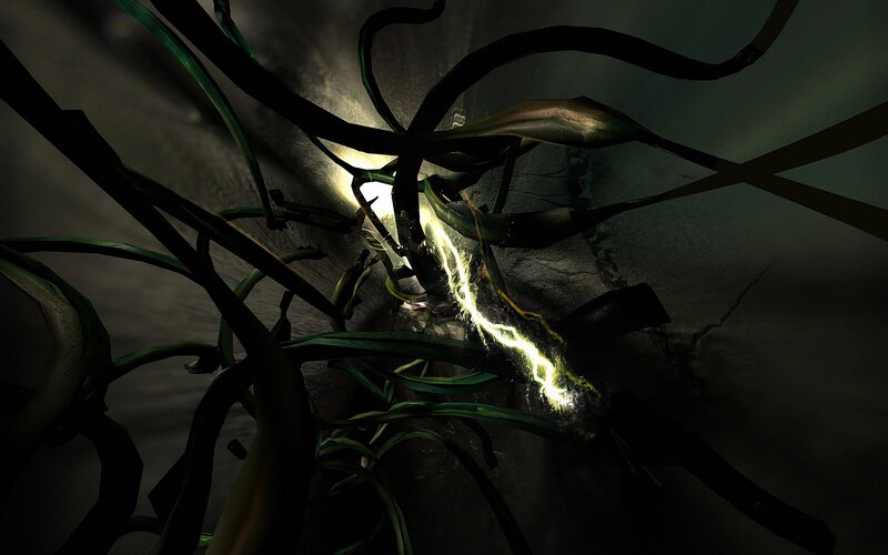 glowing vine in dark tunnel