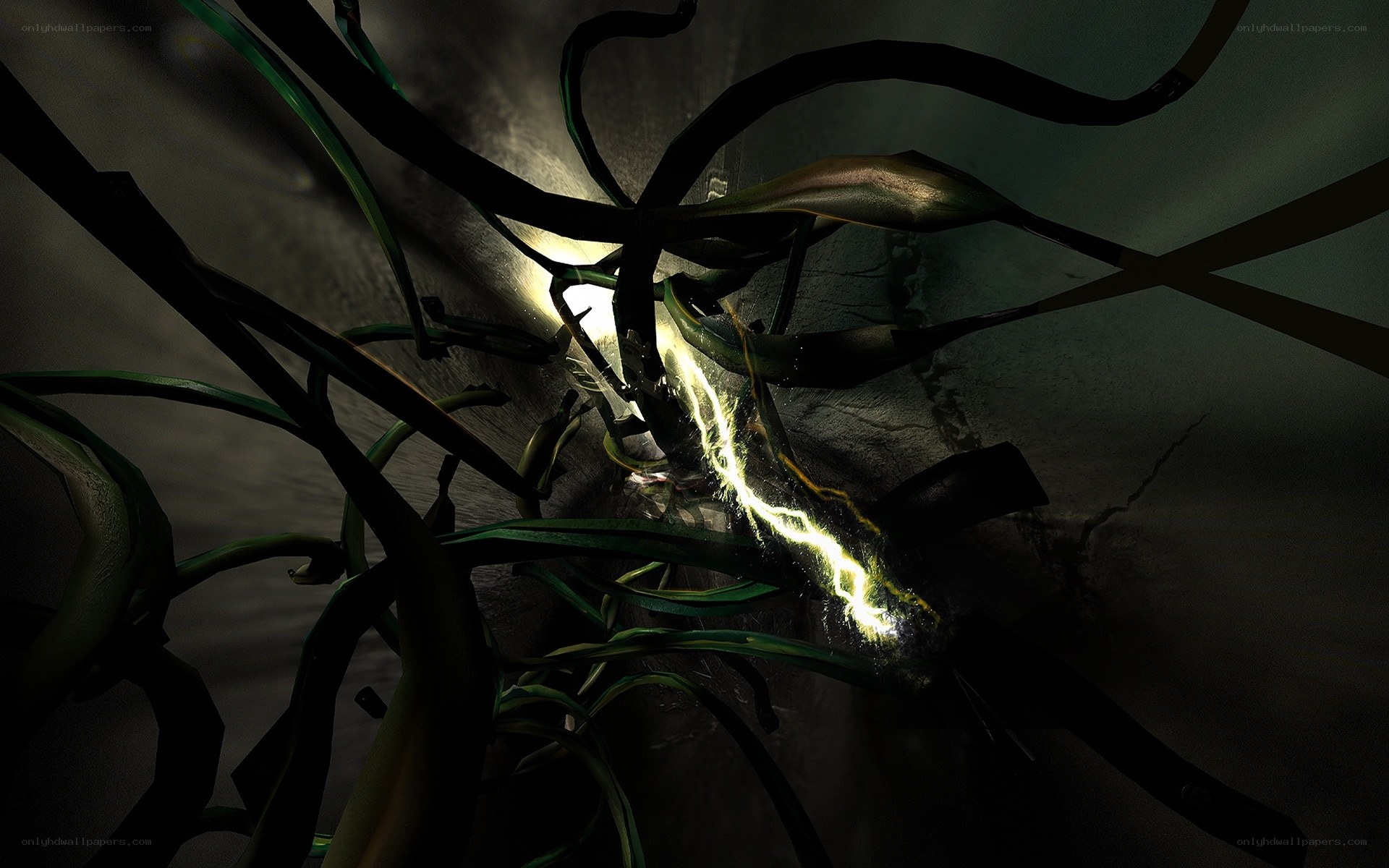 glowing vine in dark tunnel