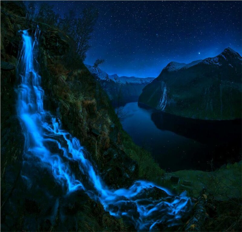Glowing Waterfall at Night — Blue