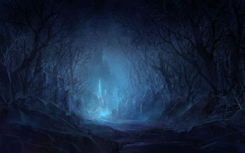 Glowing Waterfall in Forest — Blue, Mysterious