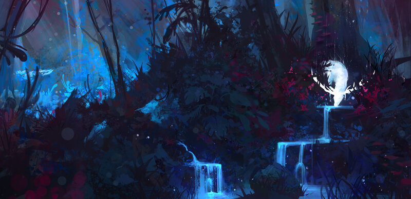 Glowing Waterfall in Forest — Blue, Mystical, Night
