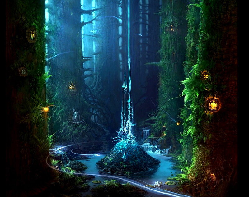 Glowing Waterfall in Forest — Blue, Mystical