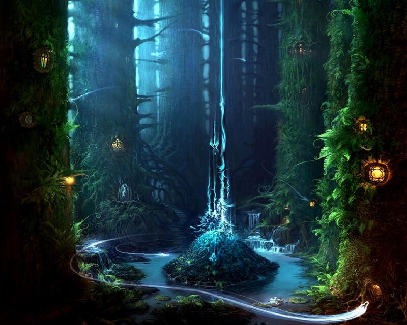 Glowing Waterfall in Forest — Green