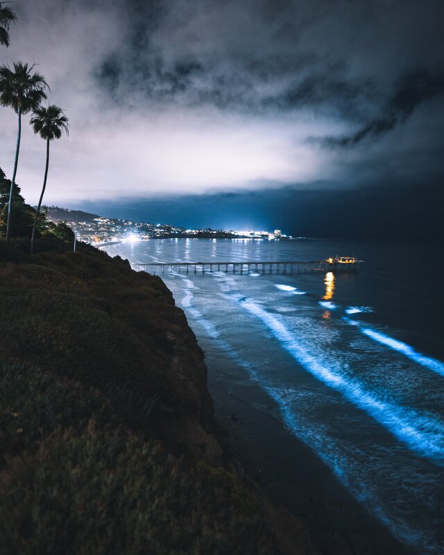 Glowing Waves at Night — Blue, Dramatic