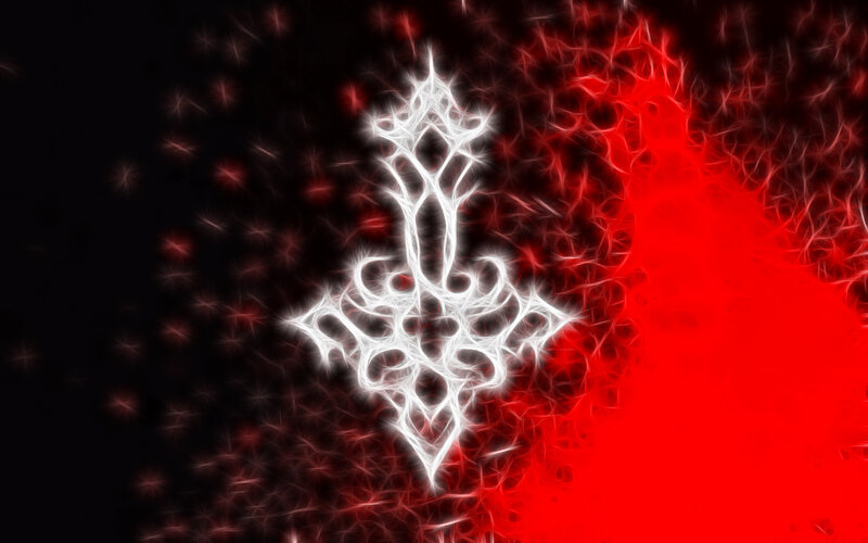 glowing white cross on red and black