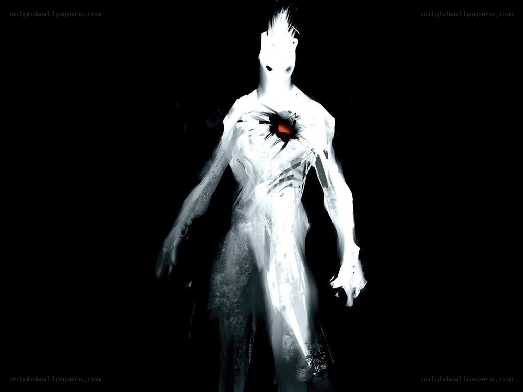 glowing white figure with red core