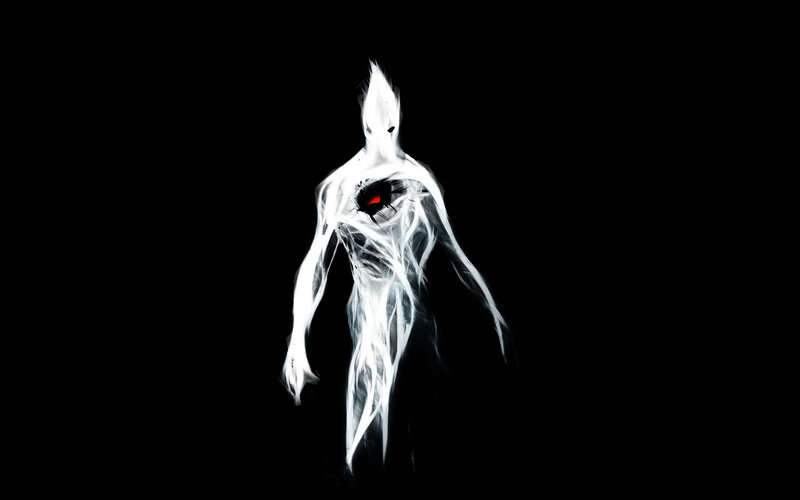 glowing white figure with red eye