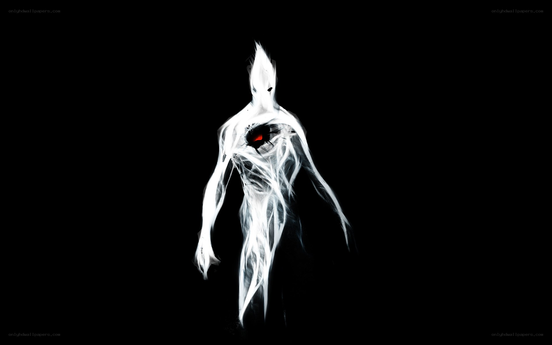 glowing white figure with red eye