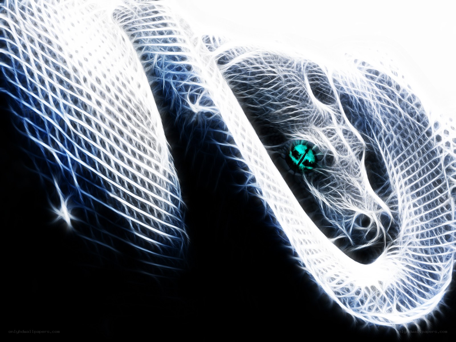 glowing white snake with green eye