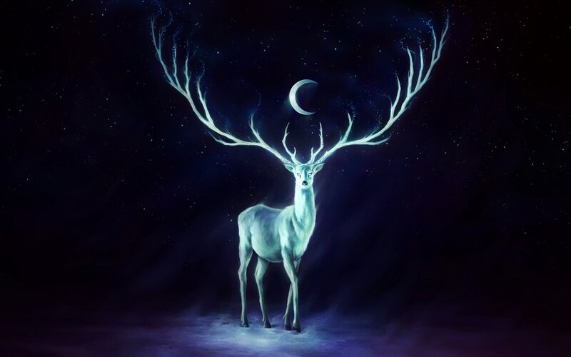 Glowing White Stag — Blue, Serene, Night, Digital Art, Crescent Moon