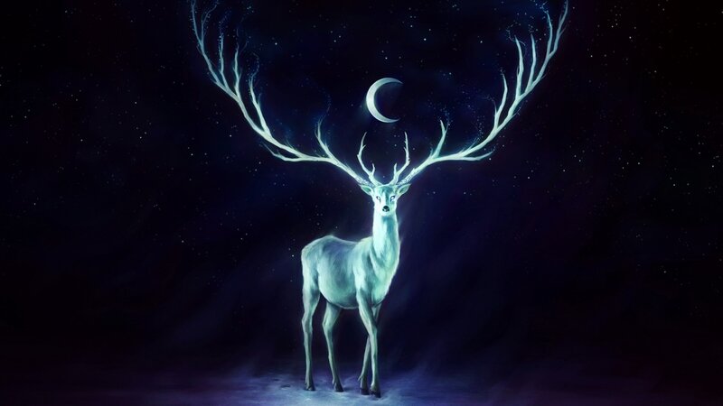 Glowing White Stag — Blue, Serene, Night, Digital Art, Moon