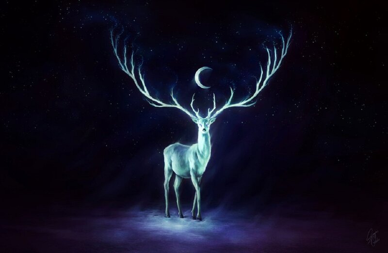Glowing White Stag — Blue, Serene, Night, Digital Art