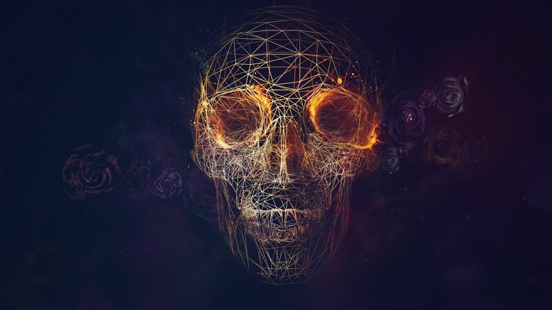 Glowing Wireframe Skull — Black, Dramatic