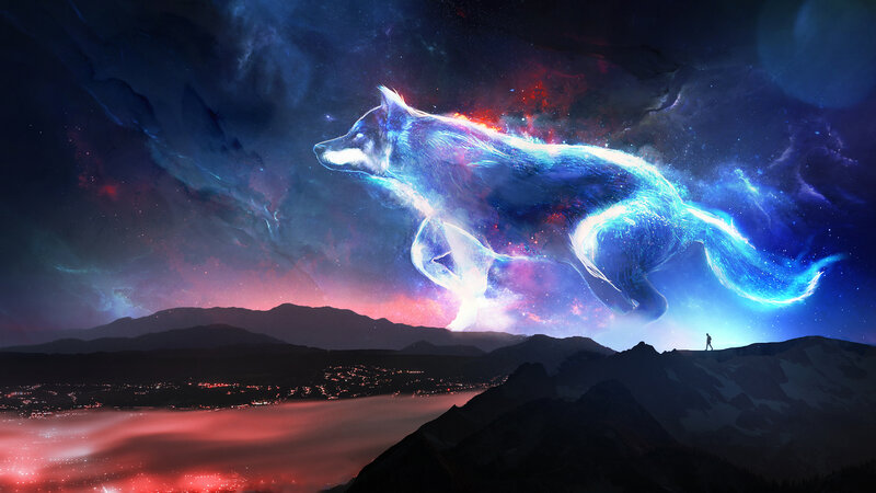 Glowing Wolf in Sky