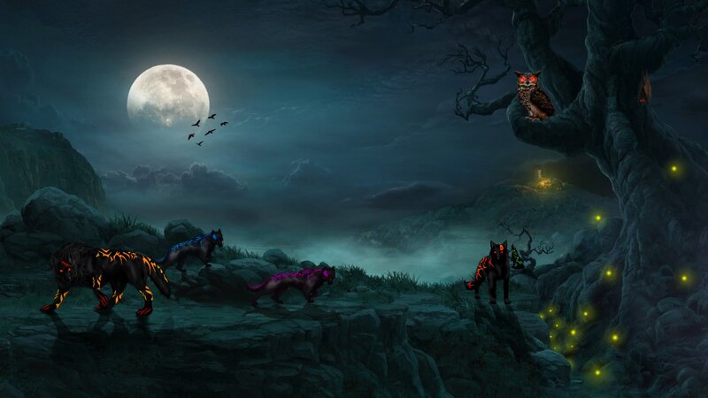 Glowing Wolves on Cliff