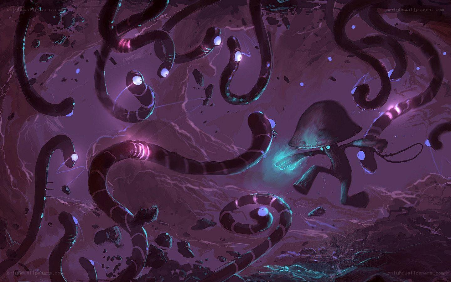 Glowing worms in dark cave