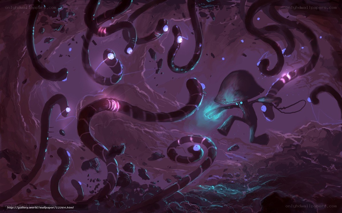Glowing worms in dark cave