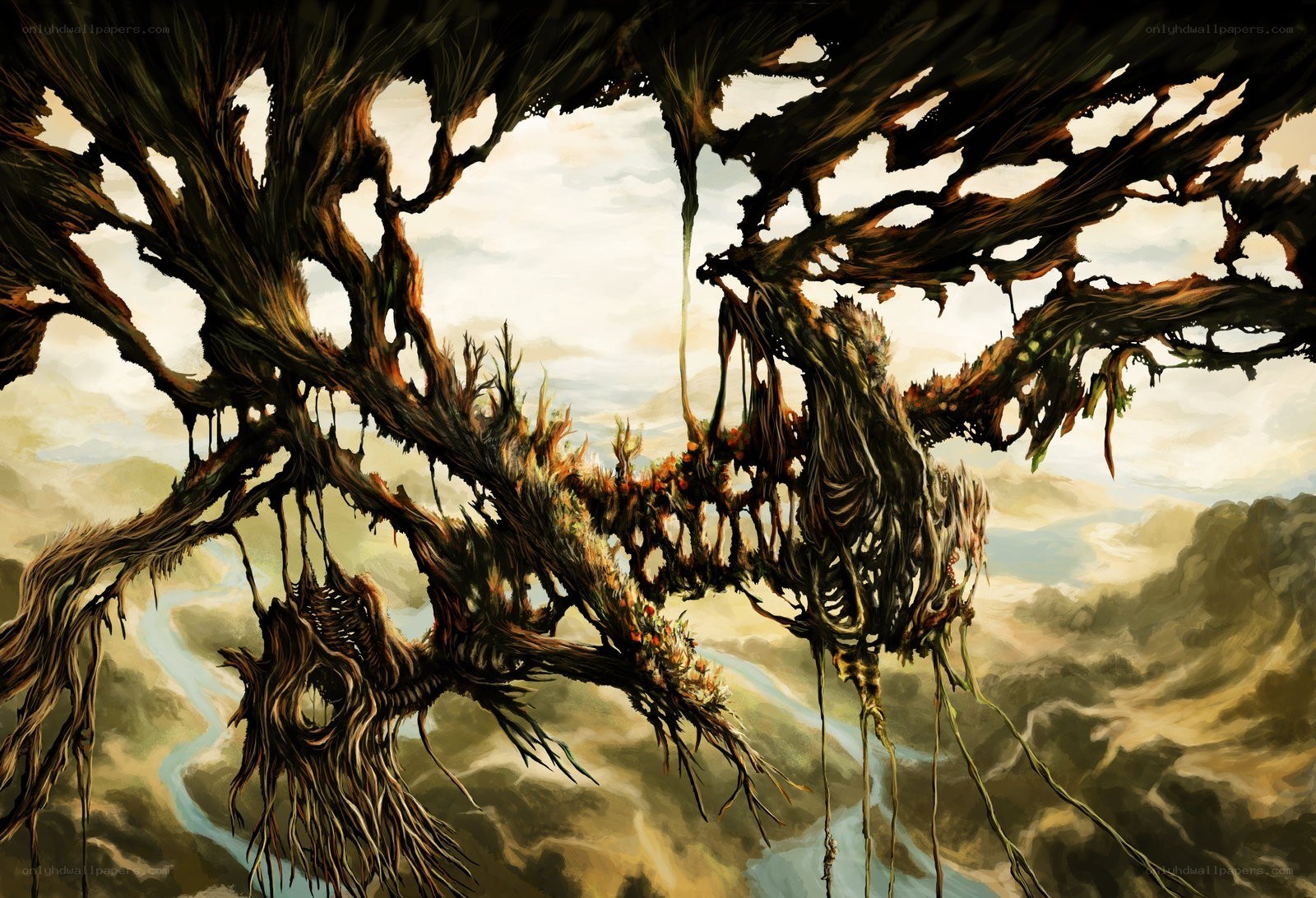 Gnarled tree over a river