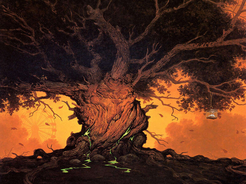 Gnarled tree with glowing roots