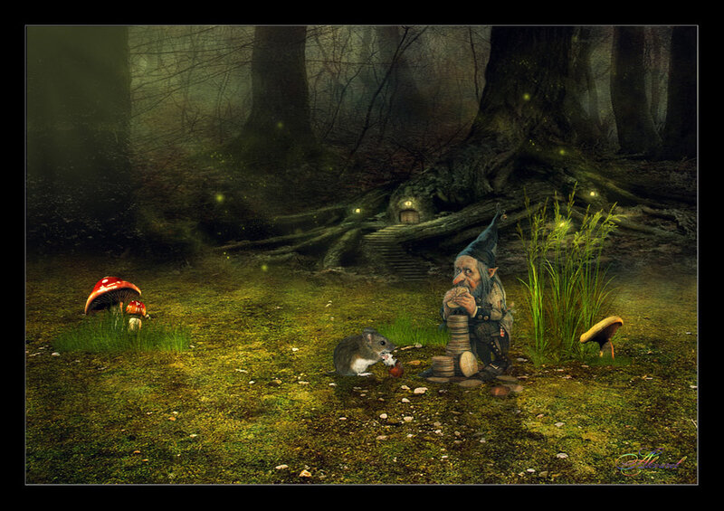 Gnome and Mouse in Forest