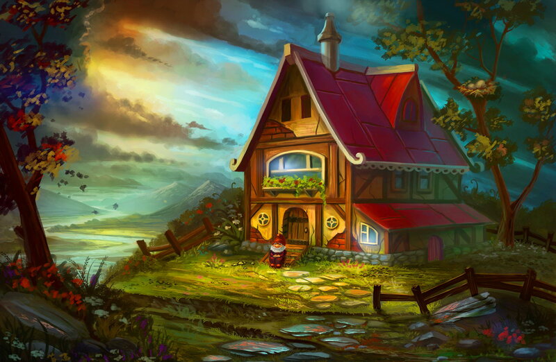 Gnome in Front of Cottage