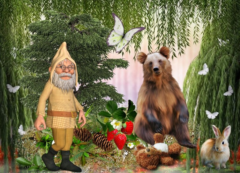 Gnome with Bear and Rabbit