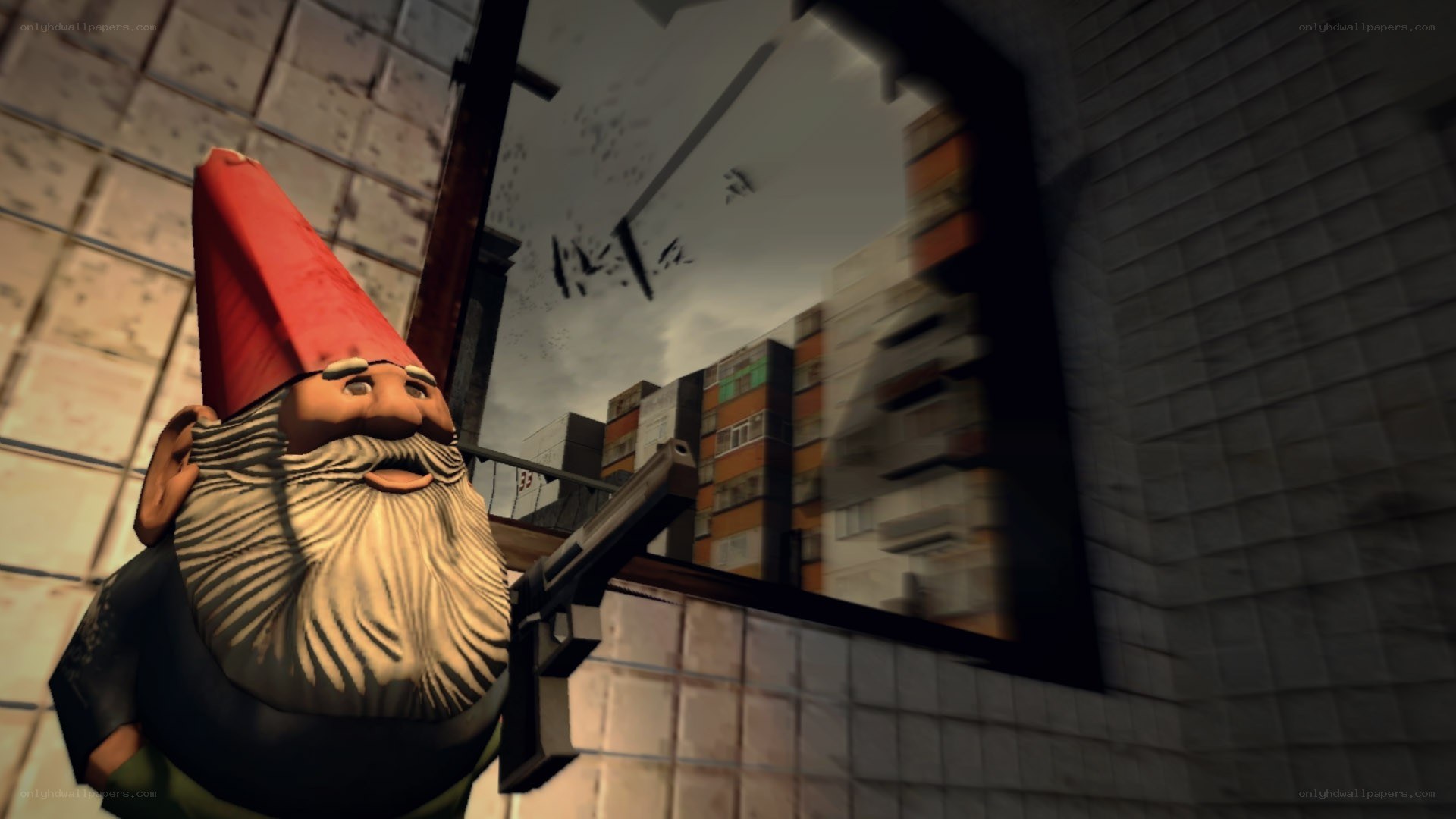 Gnome with gun in urban setting