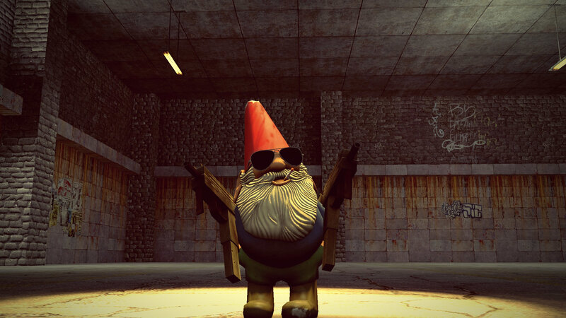 Gnome with guns in basement