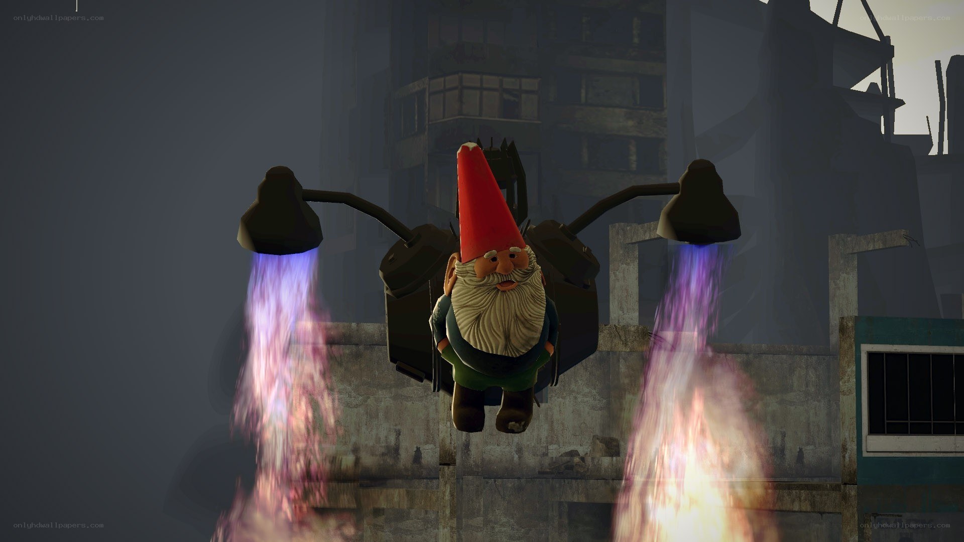 Gnome with jetpack flying