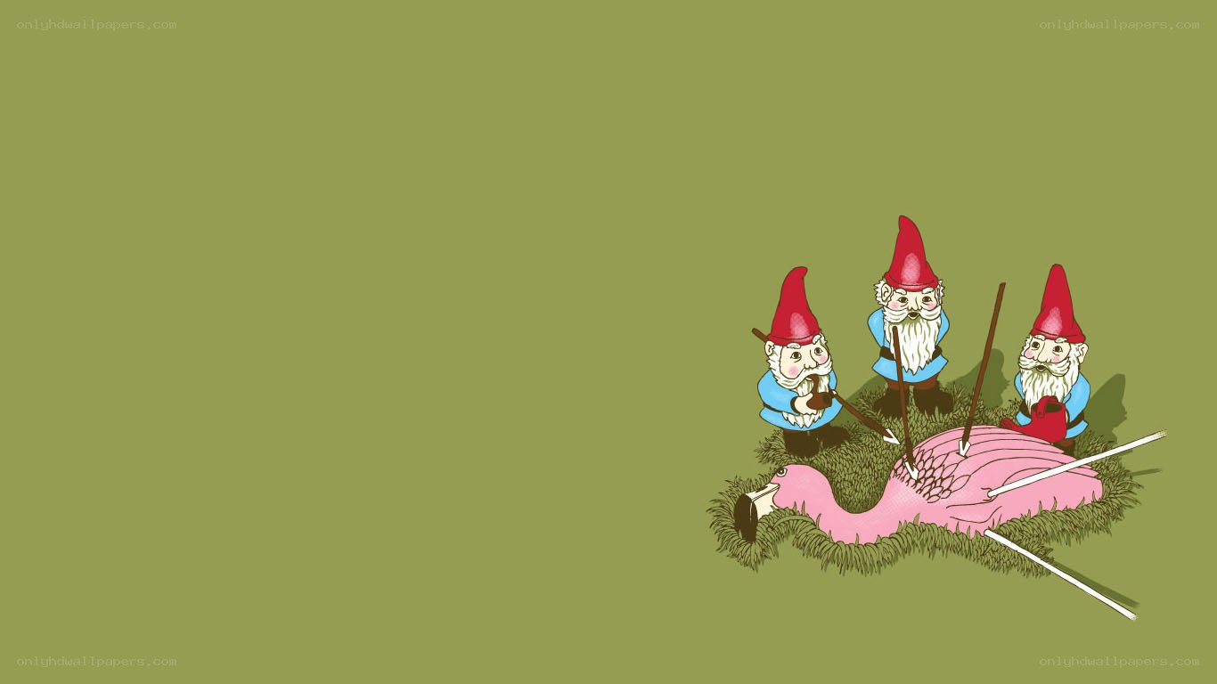 Gnomes attacking a flamingo