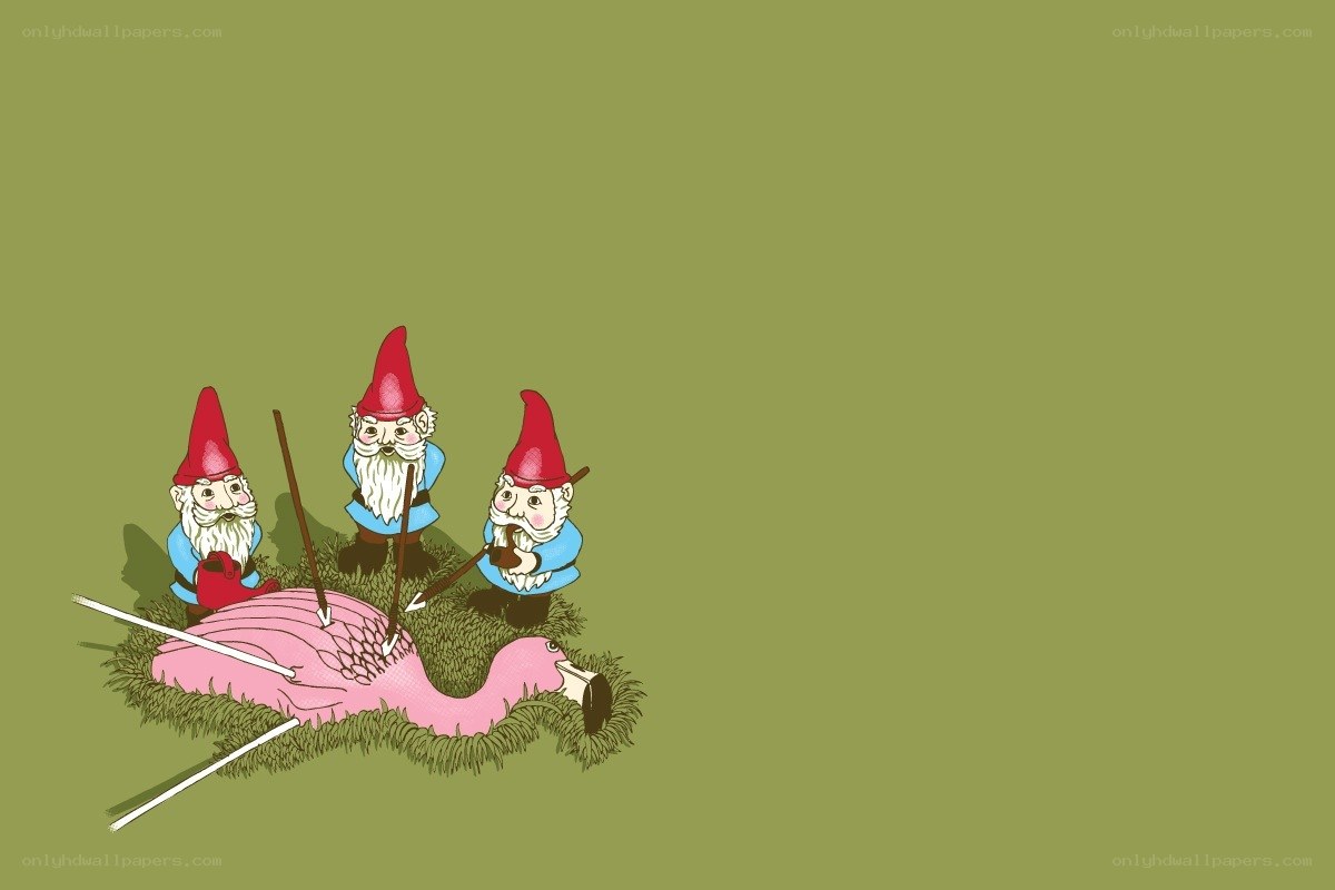 gnomes attacking a flamingo