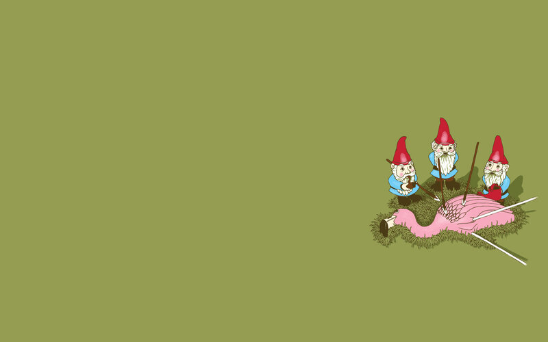 gnomes attacking a flamingo