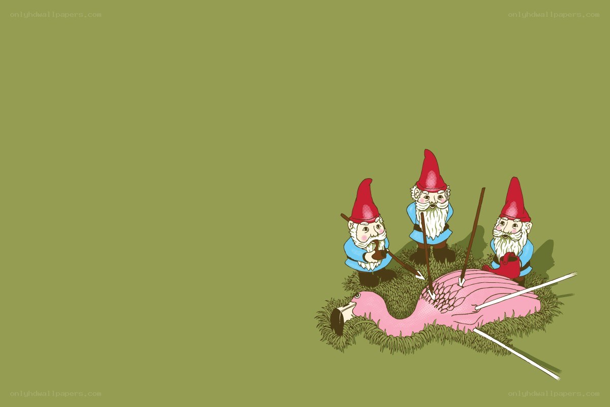 gnomes attacking a flamingo