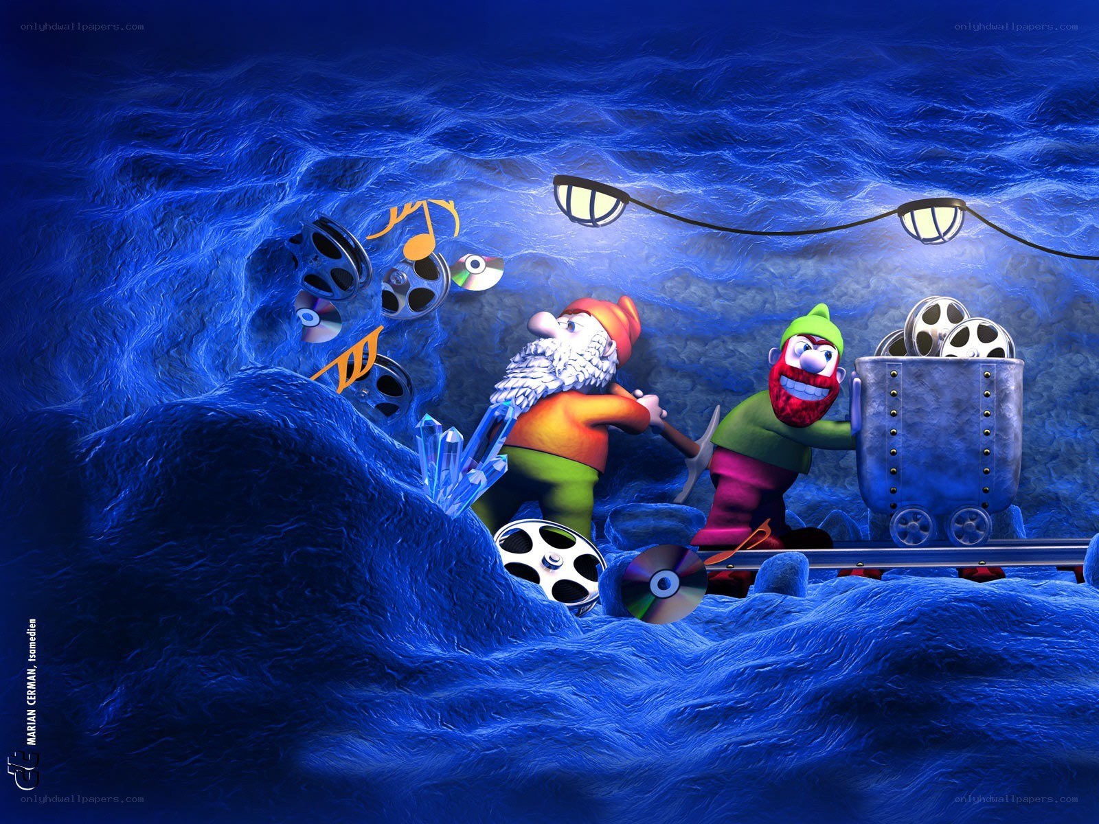 Gnomes mining in a blue cave