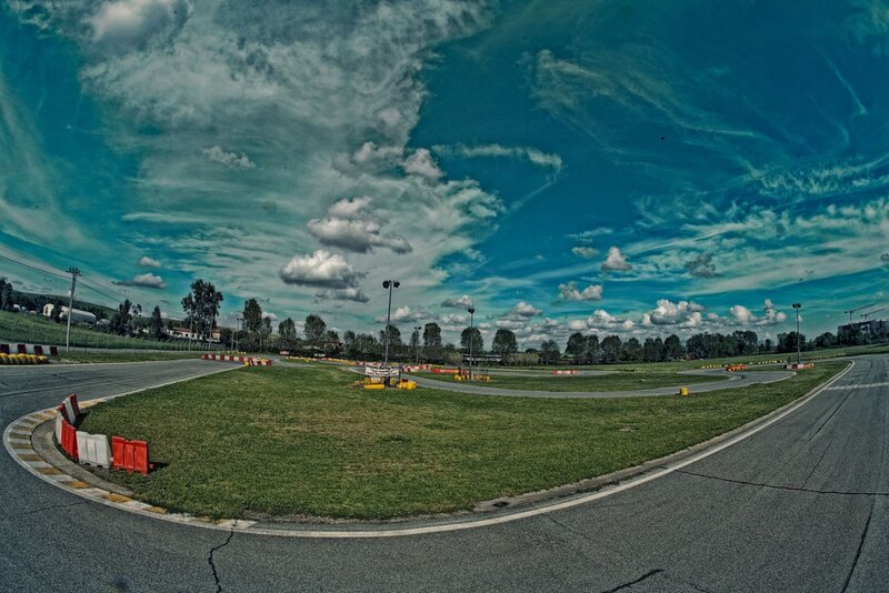 Go-kart track under cloudy sky