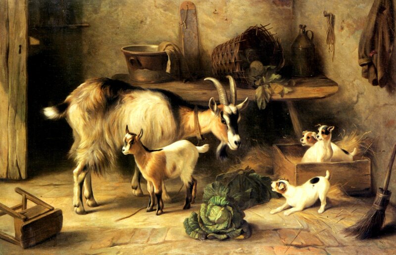 Goat and Puppies in Barn