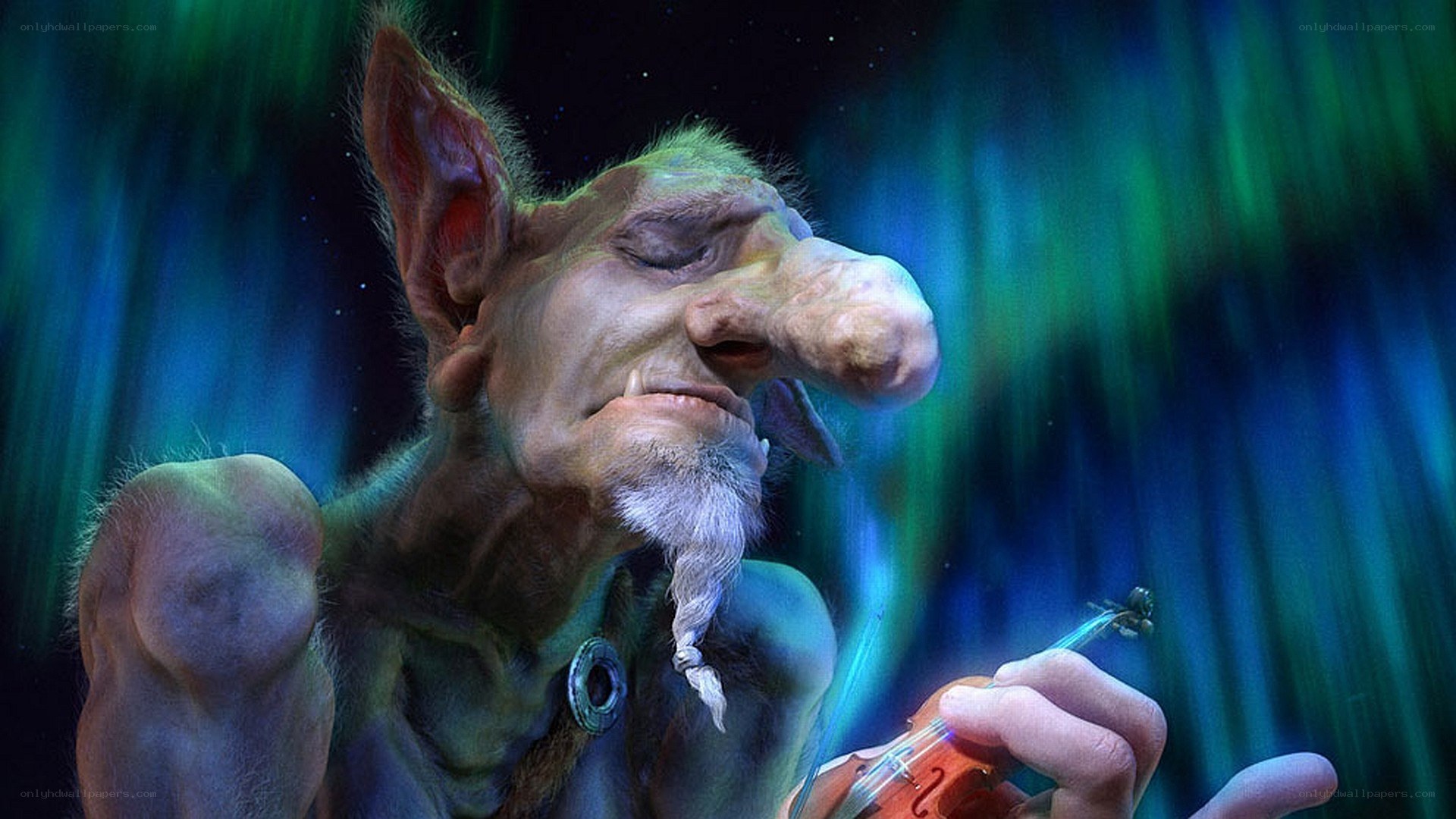 goblin playing violin under aurora
