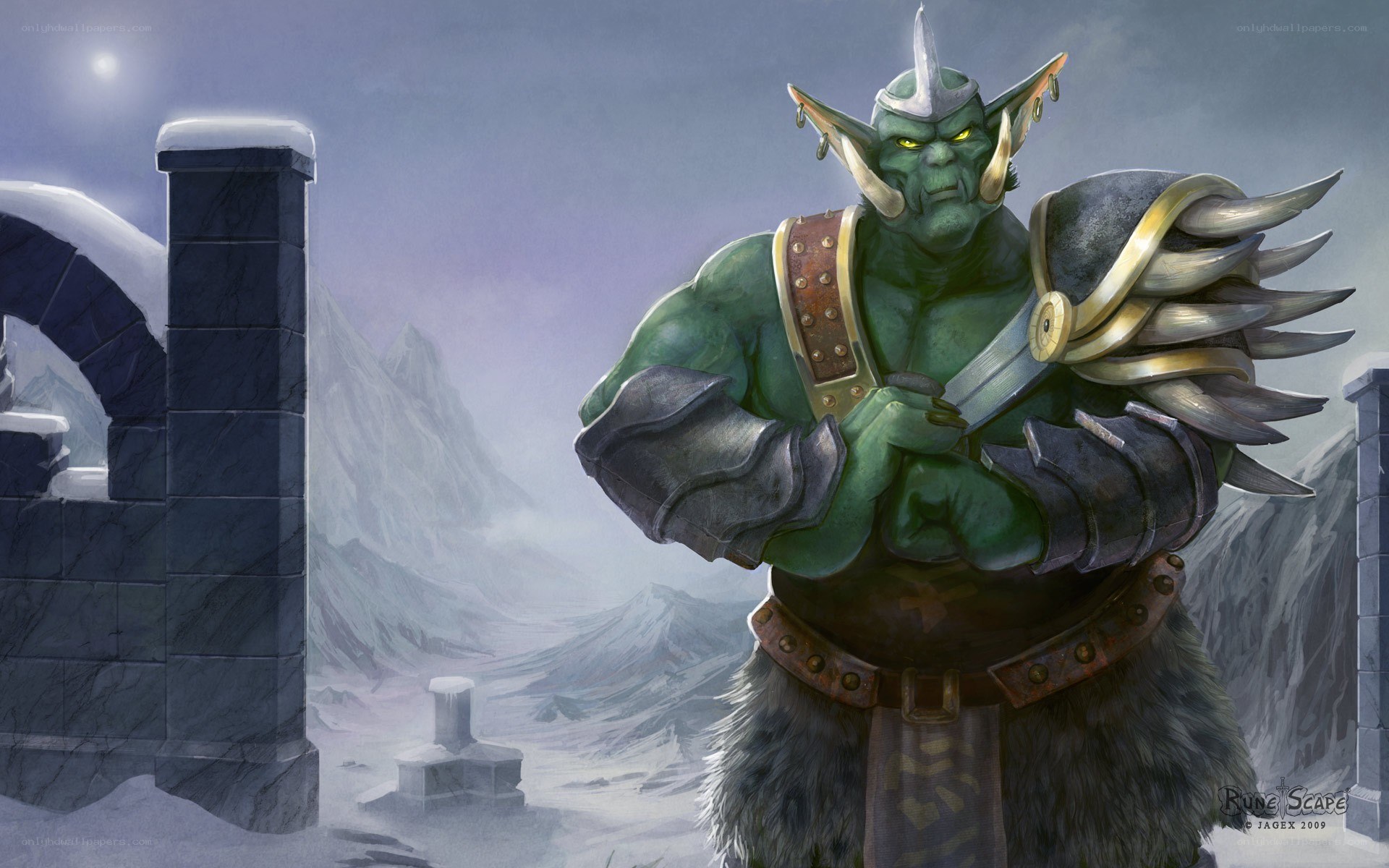 Goblin warrior in snowy ruins