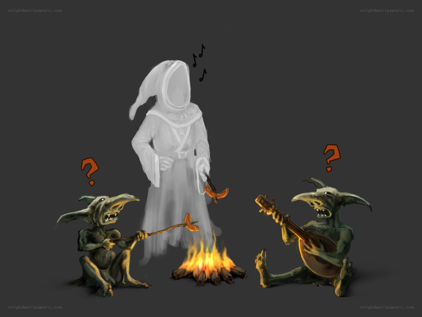 Goblins roast sausages by campfire