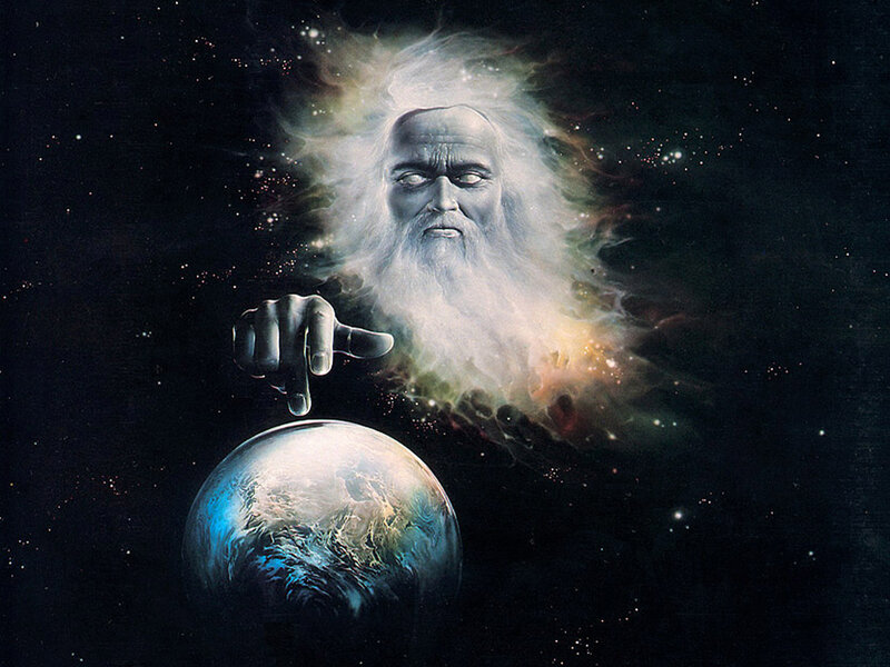 God pointing at Earth