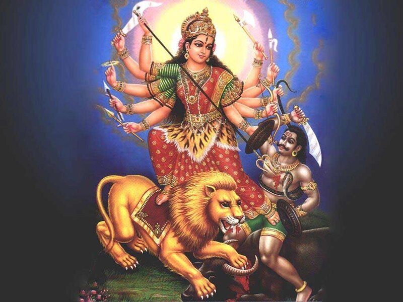 Goddess Durga on Lion — Blue