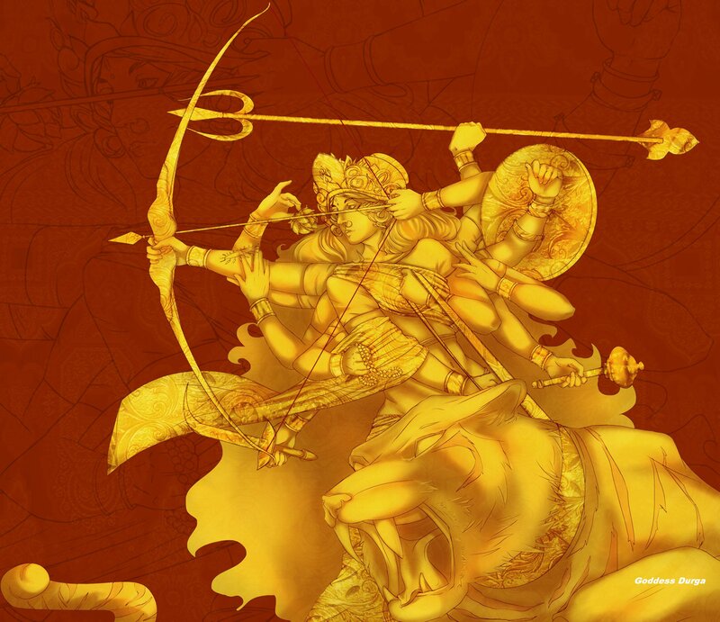 Goddess Durga on Lion — Gold