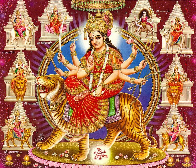 Goddess Durga on Tiger — Red, Dramatic