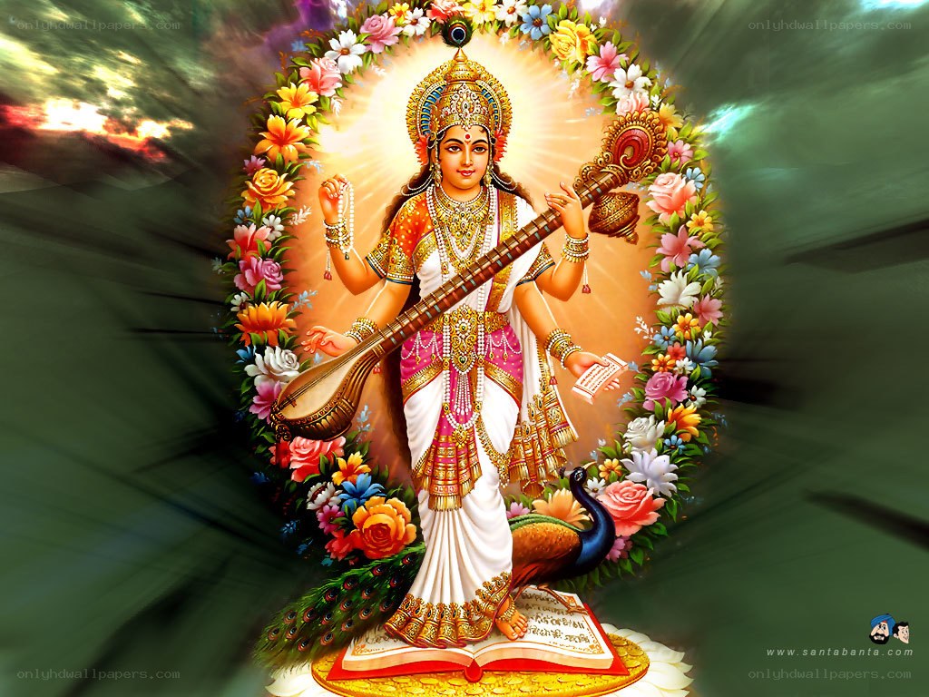 Goddess Saraswati with peacock