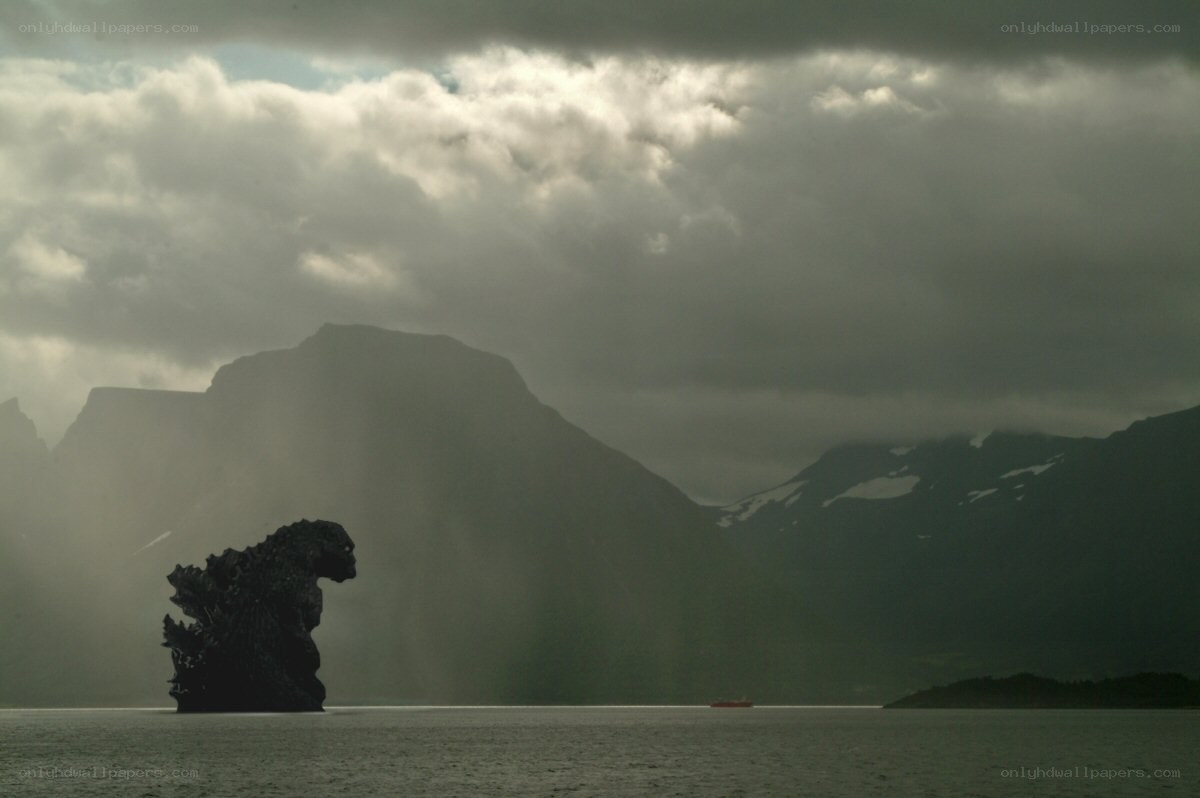 Godzilla silhouette in a storm