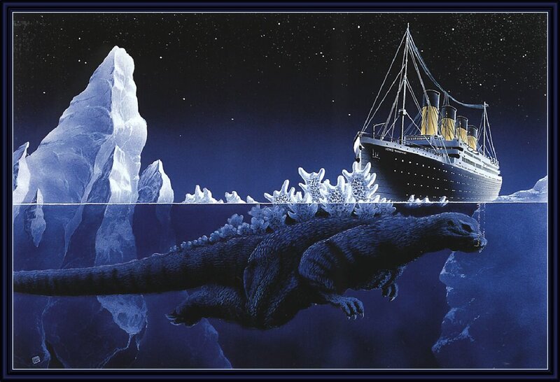 Godzilla Swimming Near Ship