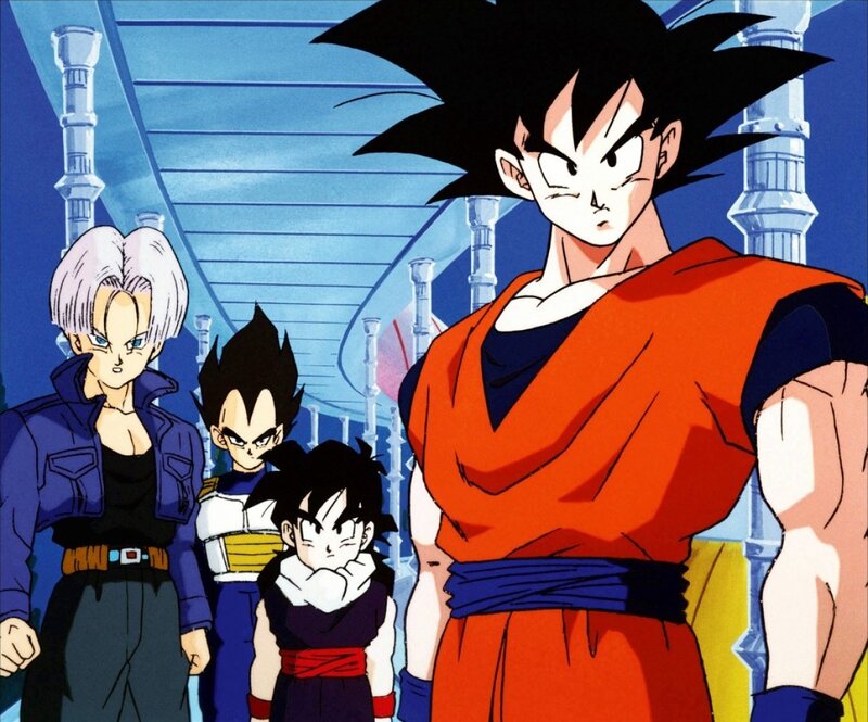 Goku and friends in a futuristic hall