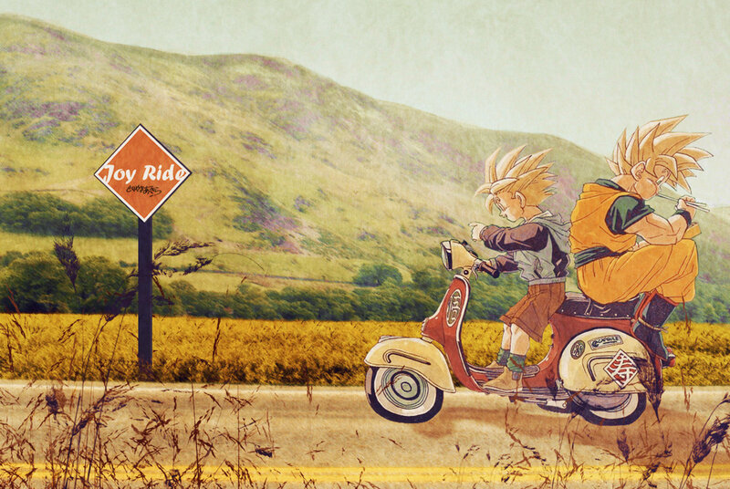 Goku and Goten on a scooter